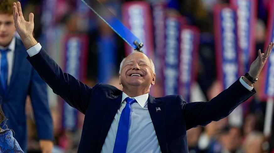 AP/Matt Rourke : Democratic vice presidential nominee Minnesota Gov. Tim Walz reacts during the Democratic National Convention Wednesday, Aug. 21, 2024, in Chicago. 