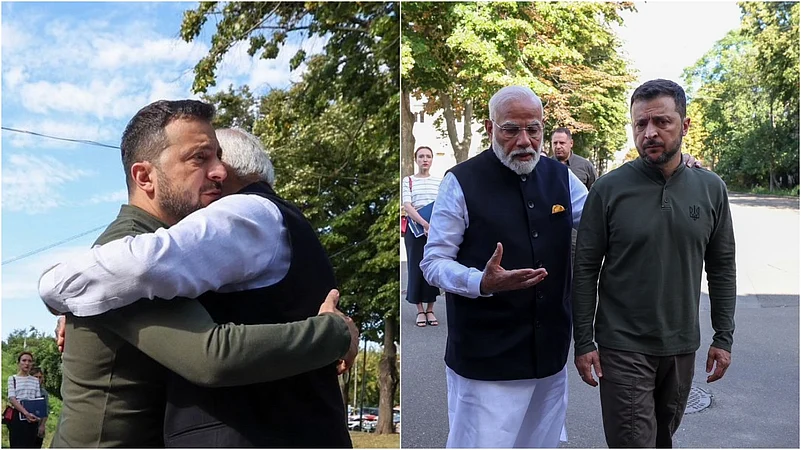 PM Modi greets and hugs President Volodymyr Zelenskyy |
