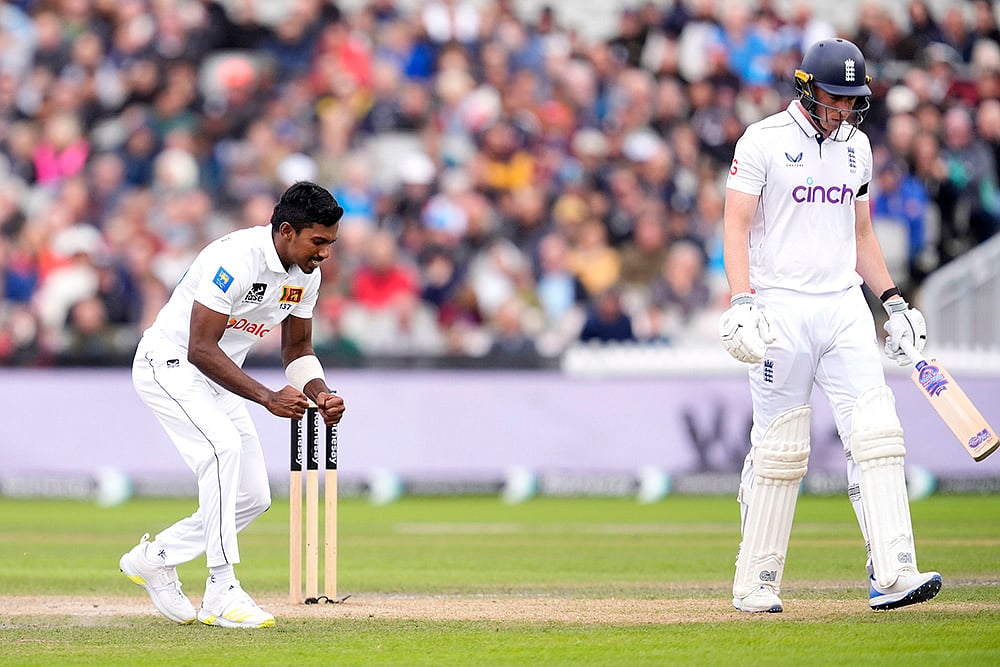 England vs Sri Lanka 1st Test, 2nd Day_Sri Lankas Vishwa Fernando celebrates Dan Lawrences wicket