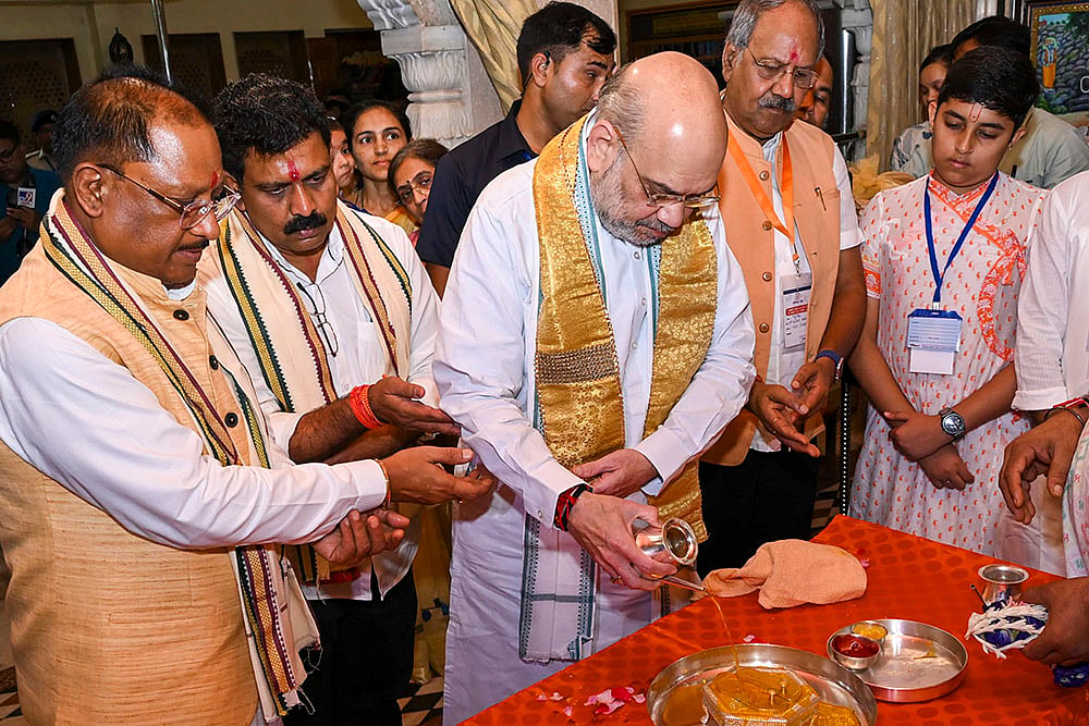 Amit Shah, Chhattisgarh Chief Minister Vishnu Deo Sai, Deputy Chief Minister Vijay Sharma in Raipur