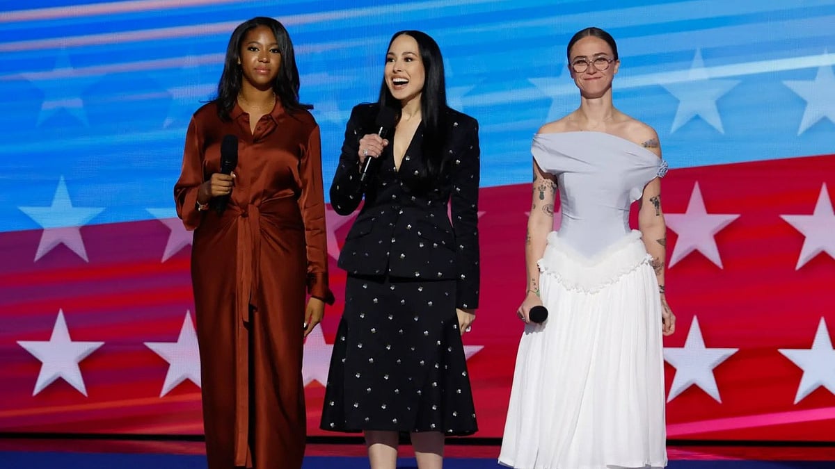 Getty images : Vice President Kamala Harris's, goddaughter Helena Hudlin (L), niece Meena Harris (M), and stepdaughter Ella Emhoff (R) speak on the final night of the Democratic National Convention at the United Center in Chicago. 