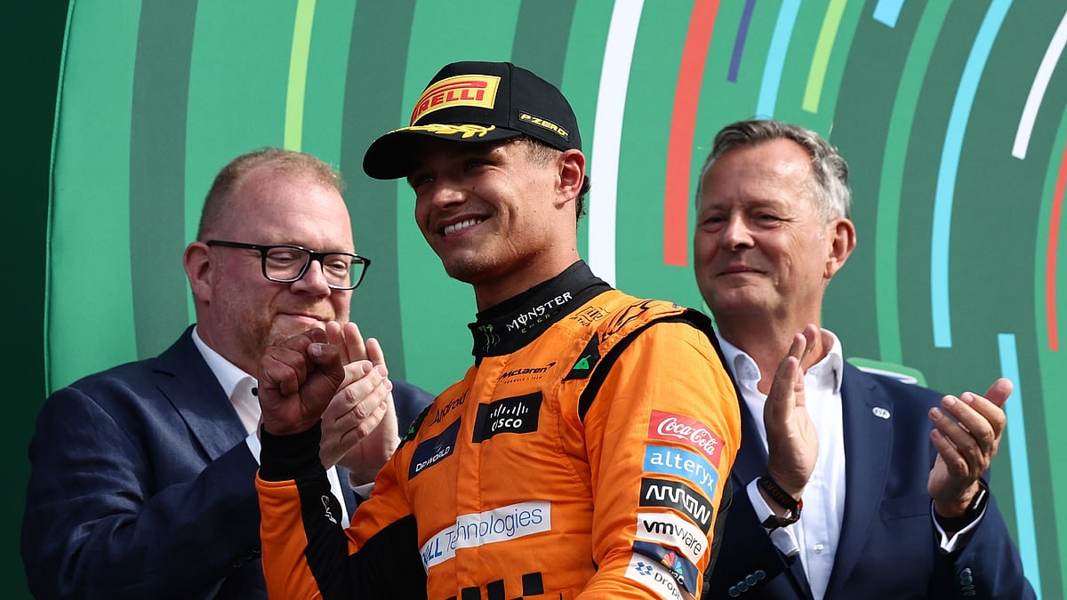 Lando Norris celebrates after winning the Dutch Grand Prix.