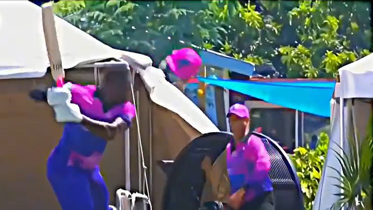 Max60 Caribbean Screengrab : Carlos Brathwaite (left) smashes his helmet during the Max60 Caribbean Super Three match between New York Strikers and the Grand Cayman Jaguars.