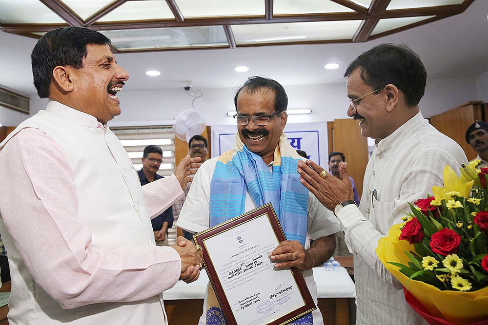 George Kurian with MP CM Mohan Yadav and BJP State President VD Sharma 