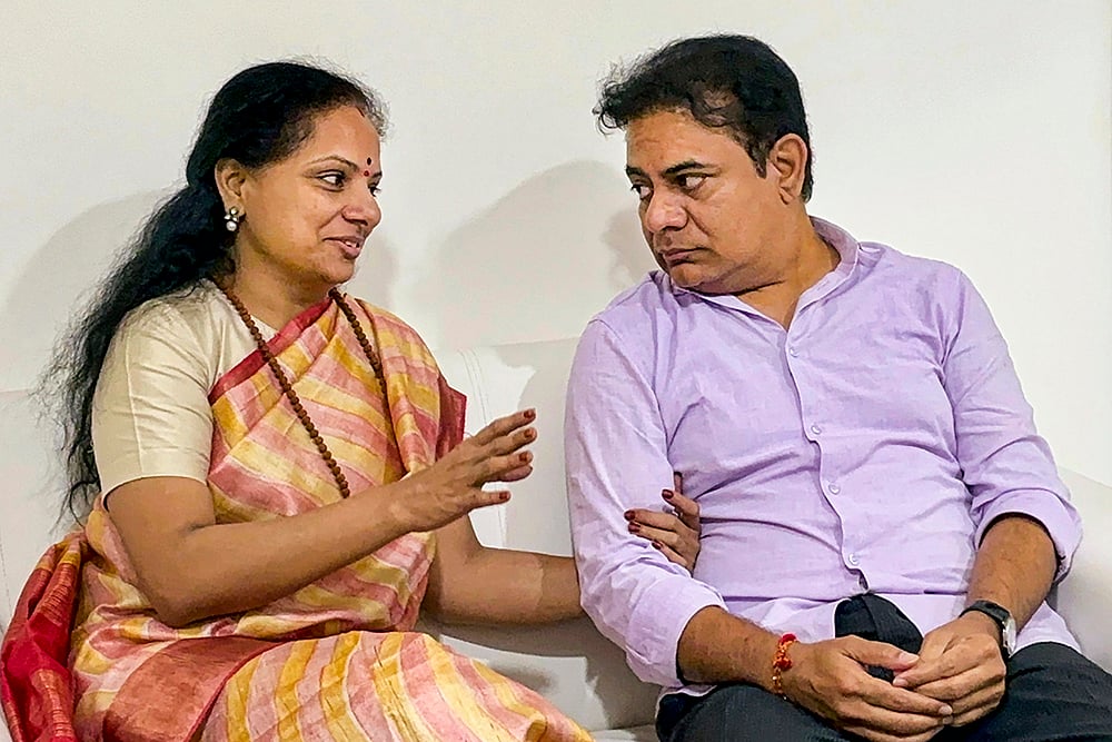 K Kavitha and K T Rama Rao at the party office in New Delhi