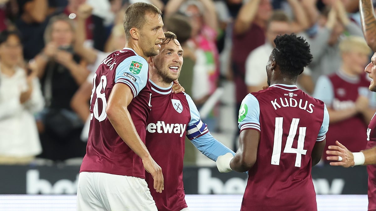 Jarrod Bowen celebrates after scoring West Ham's winner.