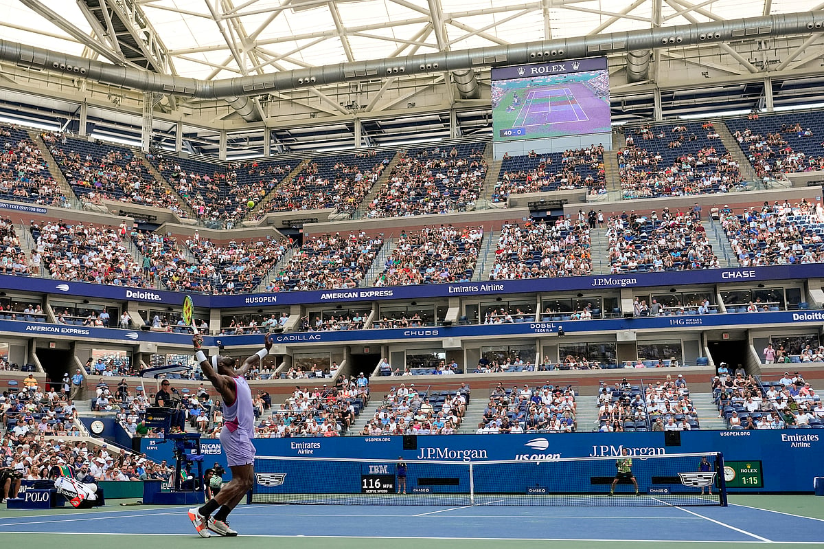 (AP Photo/Pamela Smith) : Frances Tiafoe, of the United States, serves to Alexander Shevchenko, of Kazakhstan, during the second round of the U.S. Open tennis championships, Wednesday, Aug. 28, 2024, in New York. 