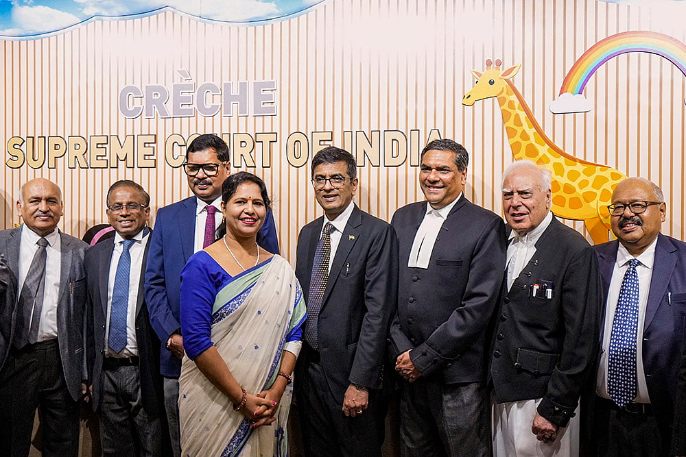 CJI DY Chandrachud with Kapil Sibal during inauguration of a crèche at the Supreme Court premises