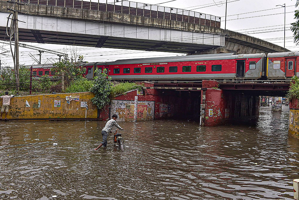 Flooded road following heavy rainfall, in Jalandhar