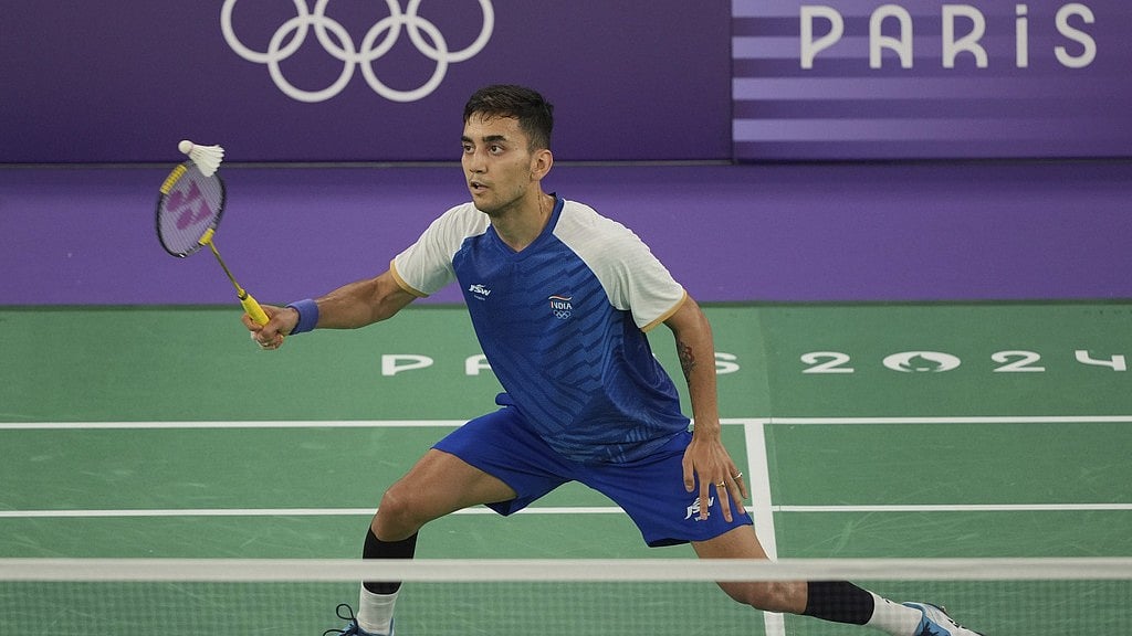 Photo: AP : Lakshya Sen in action during his round of 16 men's singles match against compatriot HS Prannoy at the Paris Olympics.