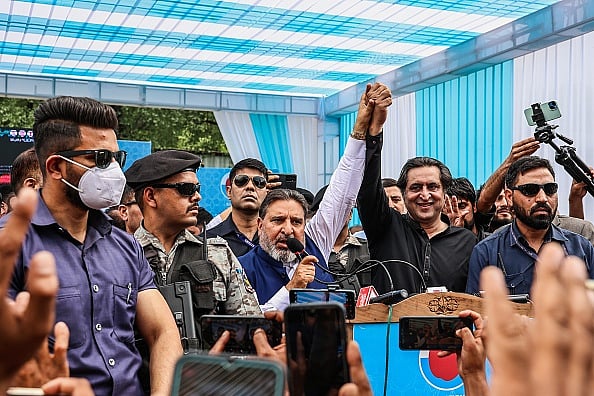  (Photo by Nasir Kachroo/NurPhoto via Getty Images) : Apni Party president Syed Altaf Bukhari is taking part in a rally organized by People's Conference Chief Sajad Lone ahead of parliamentary elections in Baramulla, Jammu and Kashmir, India, on May 16, 2024
