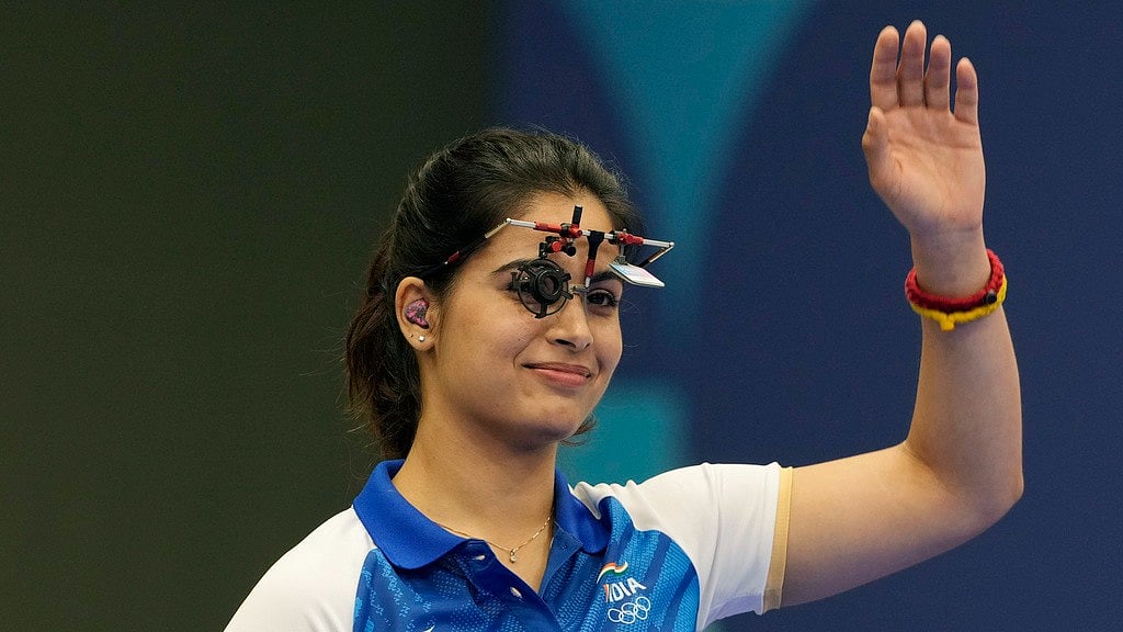 India's Manu Bhaker in action at the women's 25m pistol final of Paris Olympic Games. - AP/Manish Swarup
