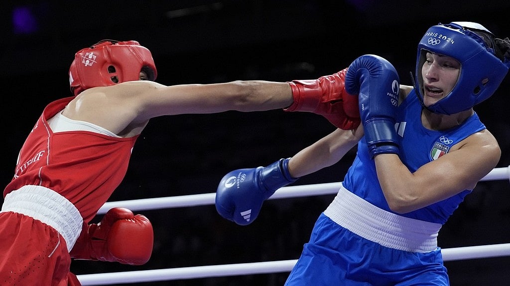 AP : Italy's Angela Carini (right) fights Algerian boxer Imane Khelif at the Paris Olympics.
