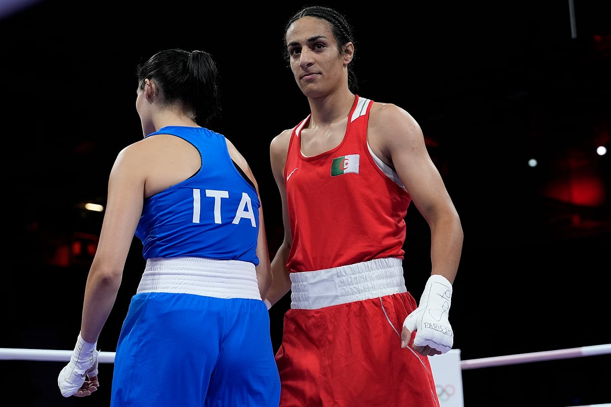 AP Photo : Imane Khelif (first from right) and Angela Carini at the Paris Olympics 2024. 