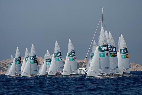 The mixed dinghy fleet starts, at the 2024 Summer Olympics, Friday, Aug. 2, 2024, in Marseille, France. 