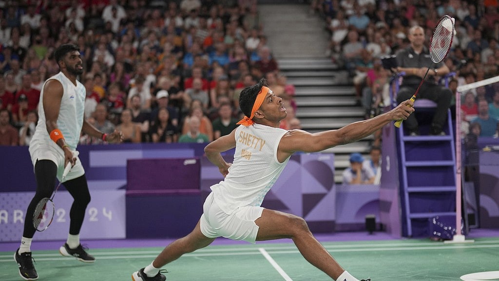 Photo: AP : India's ace doubles duo Satwiksairaj Rankireddy (left) and Chirag Shetty in action at Paris Olympic Games 2024.