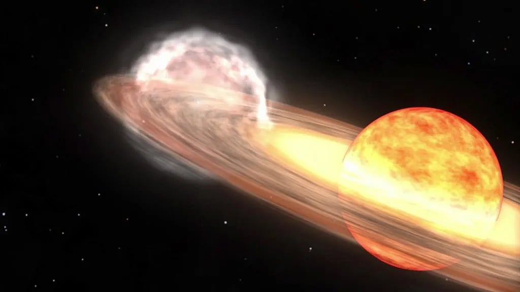 A red giant star and white dwarf orbit each other in this animation of a nova similar to T Coronae Borealis.  - NASA