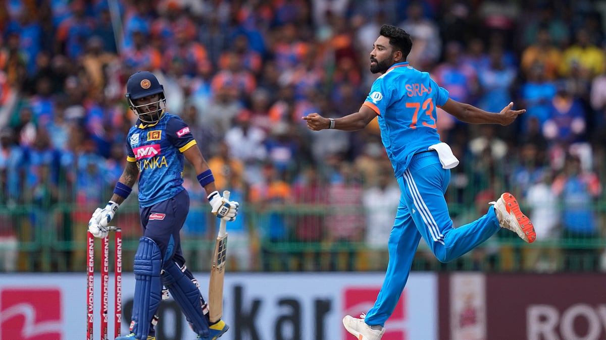 India's Mohammed Siraj celebrates the wicket of Sri Lanka's Pathum Nissanka during the second ODI cricket match between Sri Lanka and India in Colombo. - AP Photo/Eranga Jayawardena