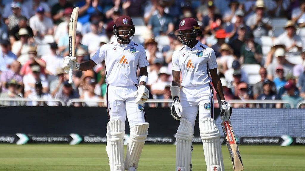AP/Rui Vieira : West Indies Kavem Hodge, left, celebrates half century alongside West Indies Alick Athanaze, right, during day two of the second Test between England and West Indies at Trent Bridge cricket ground, Nottingham, England, Friday, July 19, 2024.
