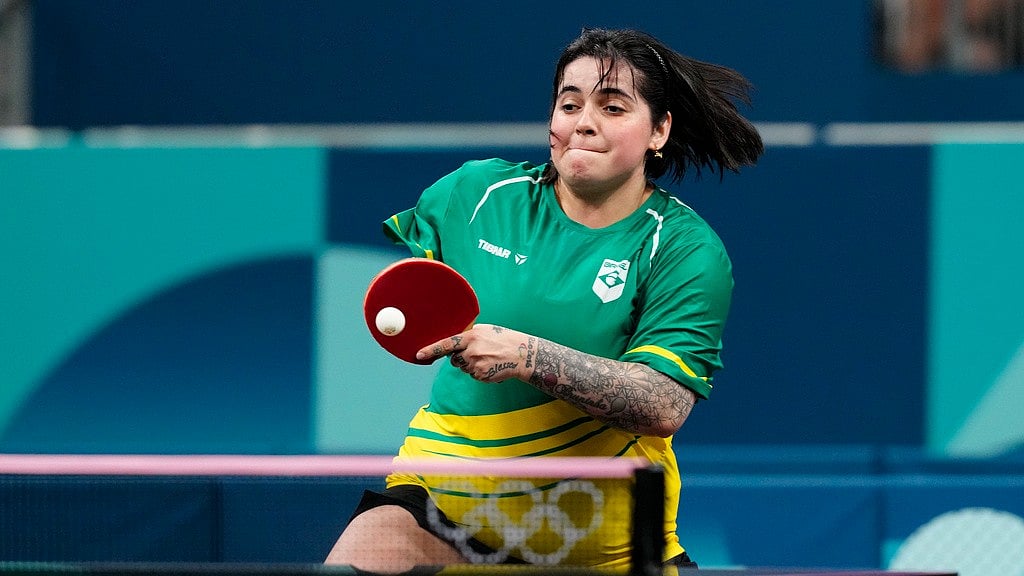 Brazil's Bruna Alexandre competes in the women's teams round of 16 table tennis event at the Paris Olympics on Monday (August 5). - AP/Petros Giannakouris