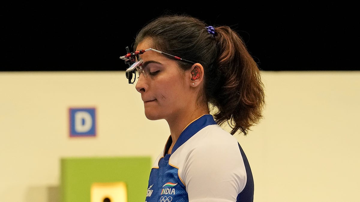 India's Manu Bhaker prepares to compete in the 25m pistol medal event at the 2024 Summer Olympics. - AP Photo/Manish Swarup