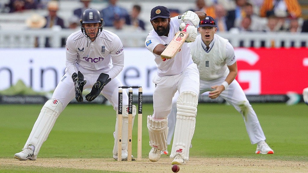 AP/Ben Whitley : Sri Lanka's Prabath Jayasuriya (centre) bats during day three of the second Test against England, at Lord's.