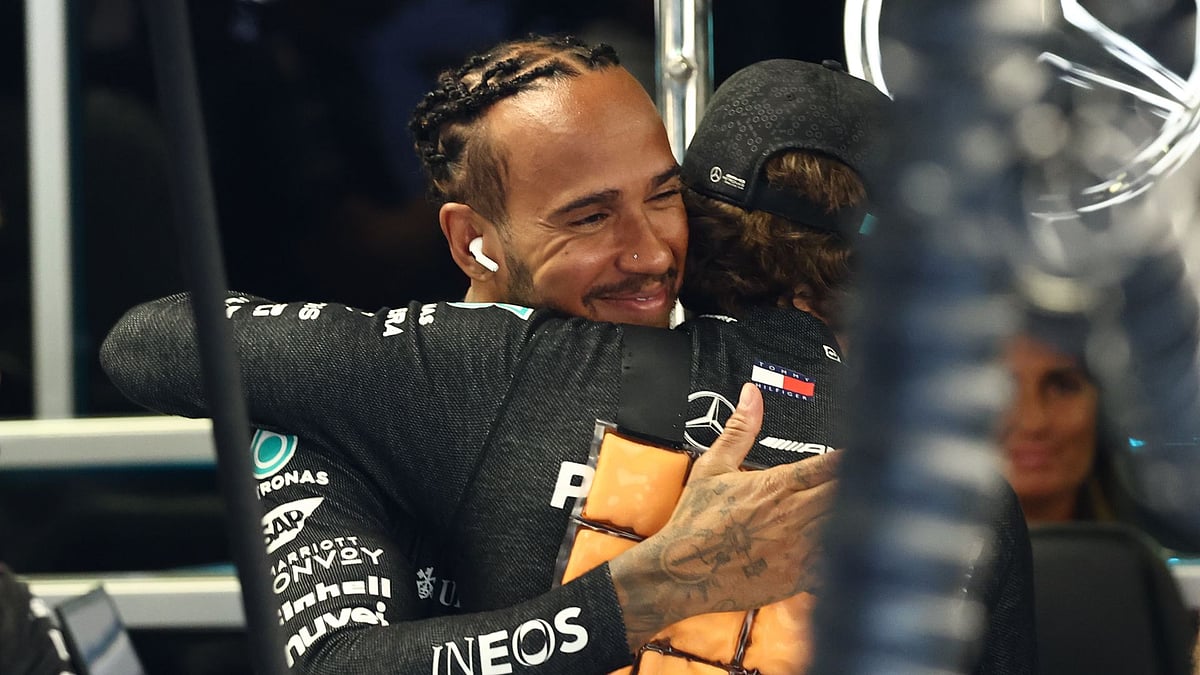 Hamilton embraces Antonelli ahead of the first practice at this weekend's Italian Grand Prix