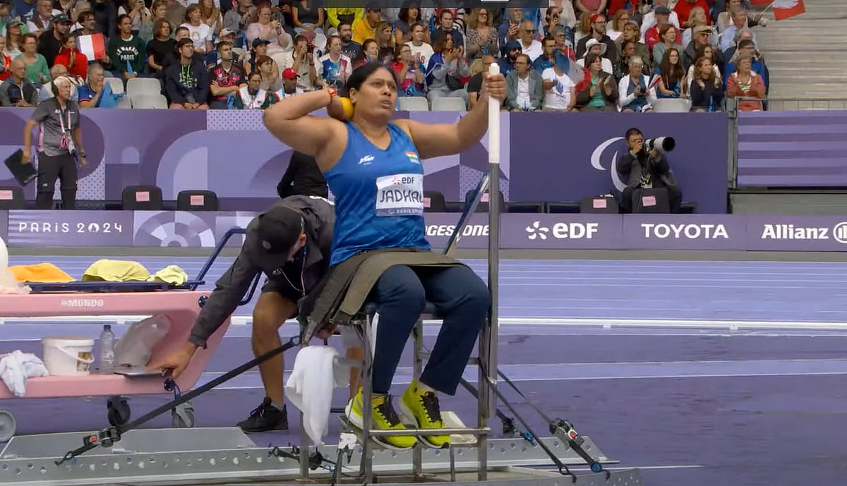 Indian para athlete Bhagyashri Jadhav at Paris Paralympics Women's Shot Put F34 final event on September 3, Tuesday.  - Screengrab 