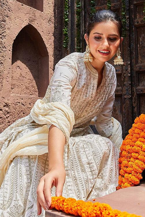 Ivory Cotton Anarkali Kurta Sharara Suit Set