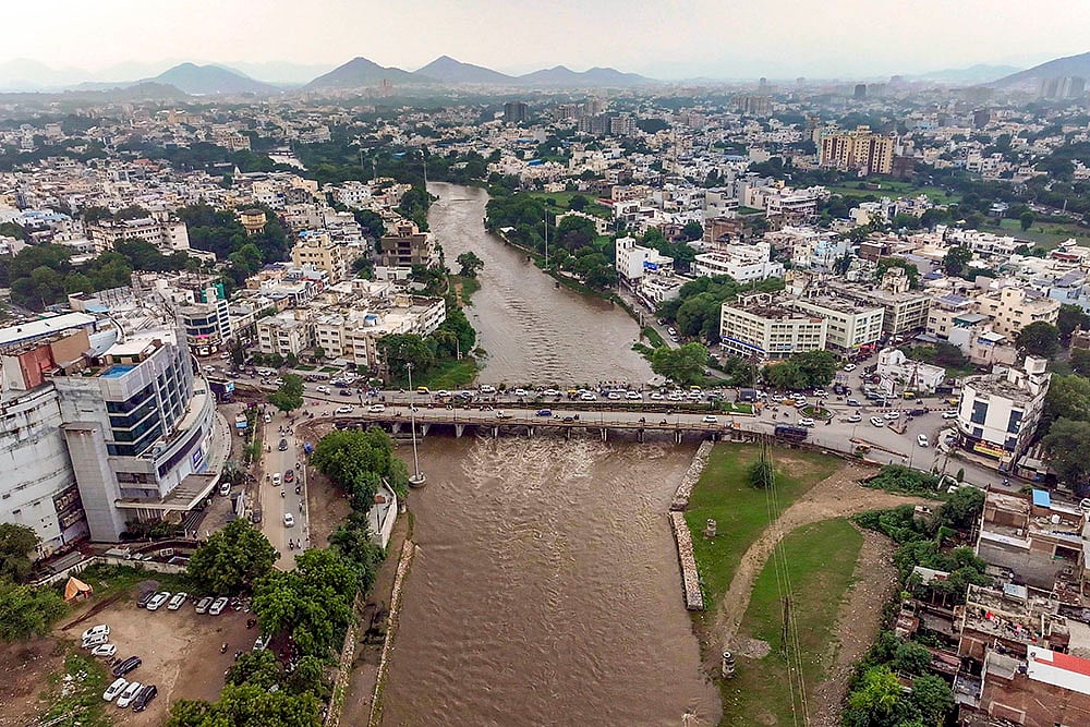 Swollen Ayad river after rains in Udaipur