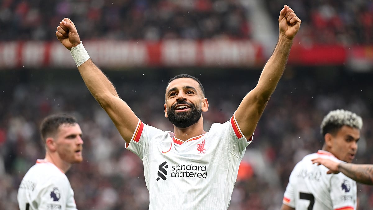 Mohamed Salah celebrates after scoring versus Manchester United