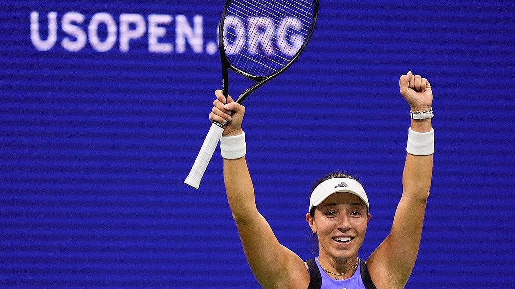AP/Julia Nikhinson : Jessica Pegula celebrates after beating Karolina Muchova to enter the US Open women's singles final.