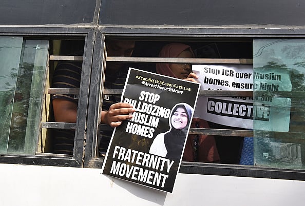 via Getty : Students Islamic Organisation of India Protest Against Bulldozer Action Against Riot Accused Afreen Fatima
