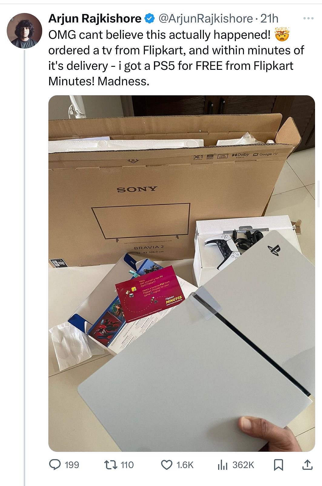 Is Flipkart Minutes The New Santa? Bengaluru Man Gets Free PS5 With TV Order
