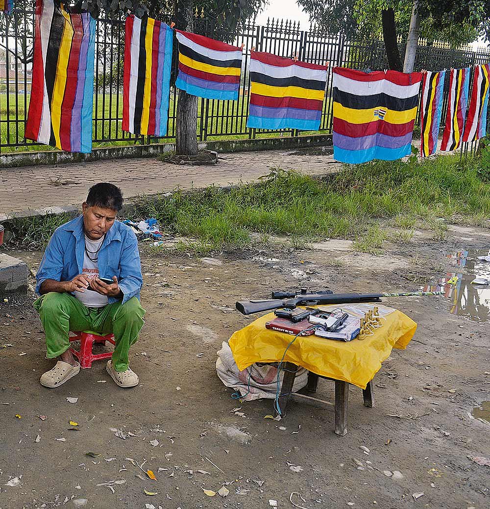 Kangleipak flags representing the old kingdom of Manipur being sold in Imphal