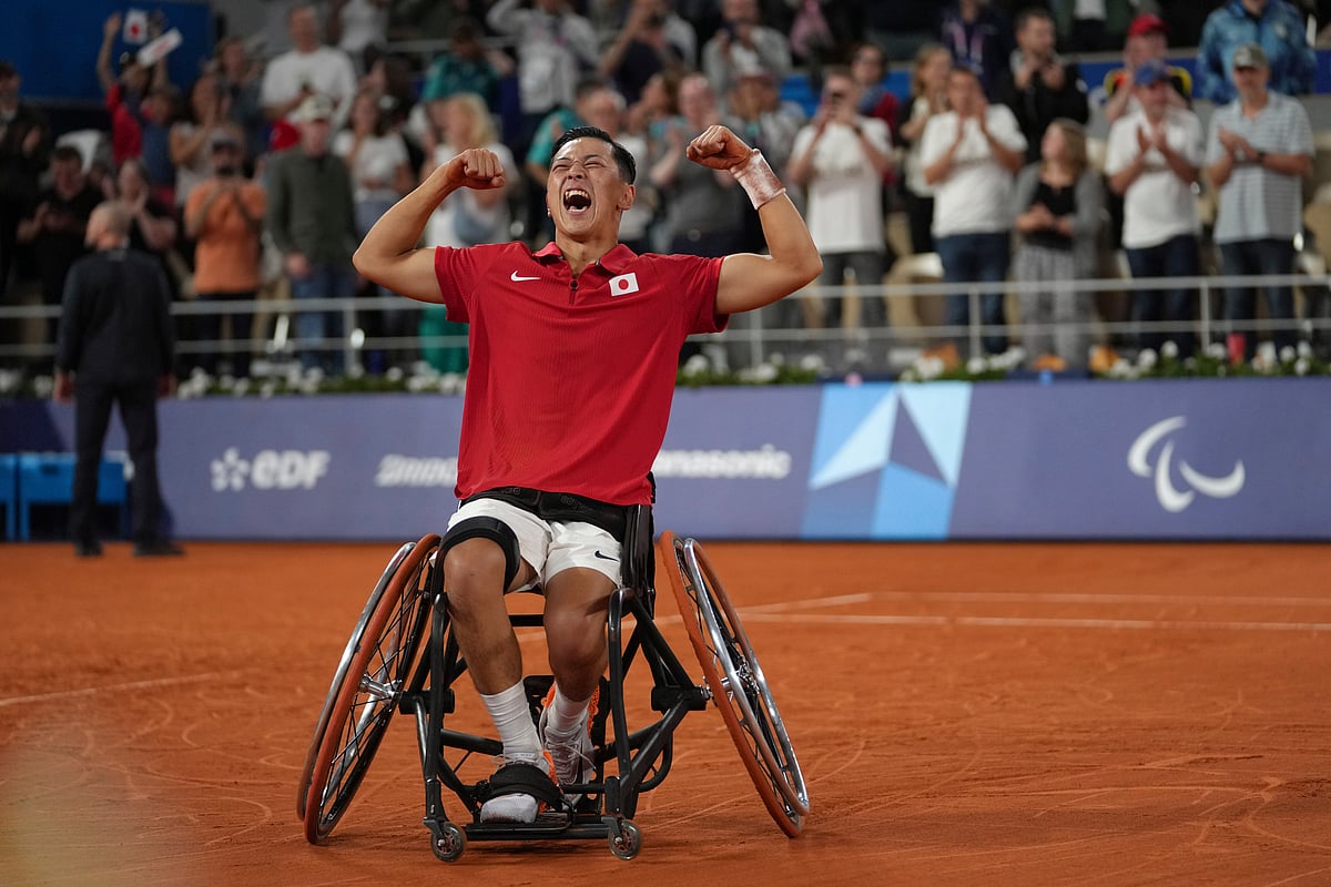 Japan's Tokito Oda celebrates after winning the men's singles gold medal match of wheelchair tennis at the 2024 Paralympics, Saturday, Sept. 7, 2024, in Paris, France. 

