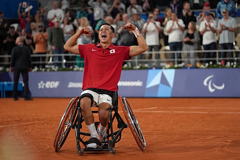 Japan's Tokito Oda celebrates after winning the men's singles gold medal match of wheelchair tennis at the 2024 Paralympics, Saturday, Sept. 7, 2024, in Paris, France. 

