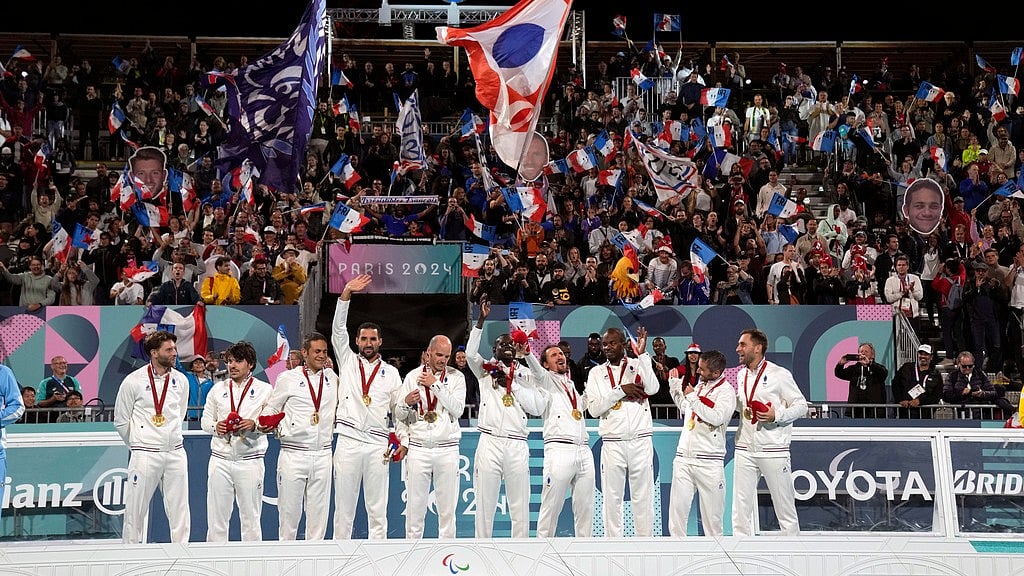 France players celebrate winning the blind football gold medal match at the 2024 Paralympics, Saturday, Sept. 7, 2024. - AP/Christophe Ena