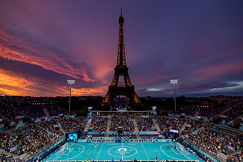 General view during the Blind Football Men's Semi-Final Match between Brazil and Argentina at the Eiffel Tower Stadium at dusk at the Paris 2024 Paralympic Games, Paris, France, Thursday Sept. 5, 2024. 