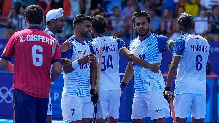 Harmanpreet Singh celebrates after scoring his side's second goal against Spain - | Photo: AP/Anjum Naveed