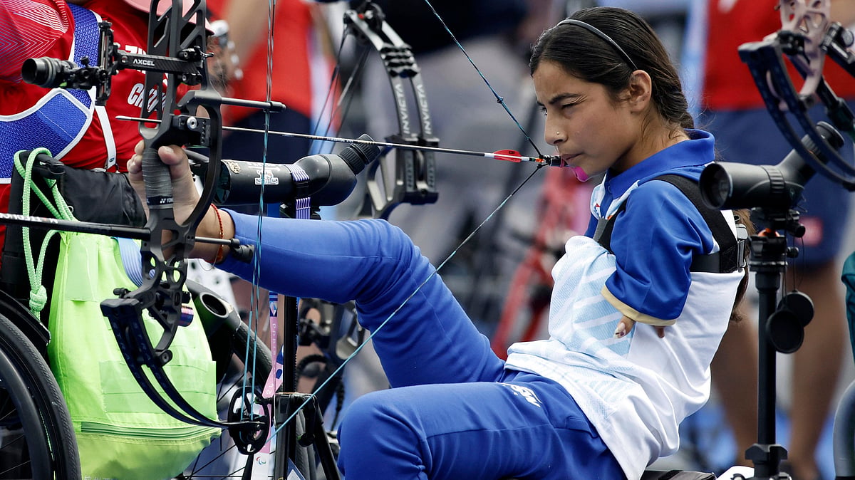 File Photo of Archer Sheetal Devi from India preparing to fire during the Paralympic Games in Paris on Thursday, Aug. 29, 2024.  - AP/PTI