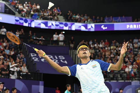 India's Suhas Lalinakere Yathiraj competes in a gold medal singles SL4 match at the Porte de la Chappelle Arena, during the 2024 Paris Paralympics, Monday, Sept. 2, 2024, in Paris, France. France won in straight sets.

