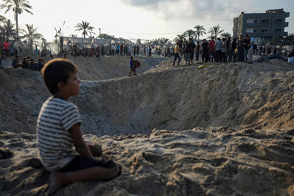 Israeli airstrike on a tent camp housing Palestinians displaced by the war in Muwasi, Gaza Strip