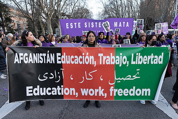 Demonstrators in support of Afghan Women on Womens Day on March 08, 2023 in Madrid, Spain