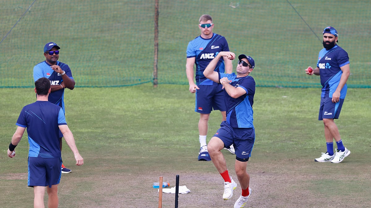 New Zealands captain, Tim Southee, second right, along with teammates. AP Photo