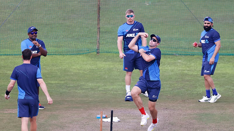 New Zealands captain, Tim Southee, second right, along with teammates. AP Photo