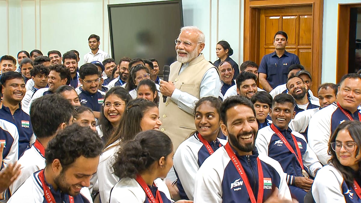 PTI Photo : Prime Minister Narendra Modi during an interaction with India's Paris Paralympics contingent, in New Delhi.
