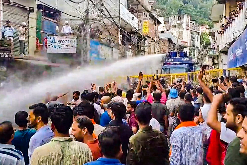 Protest over alleged illegal construction at a mosque in Shimla, in Mandi
