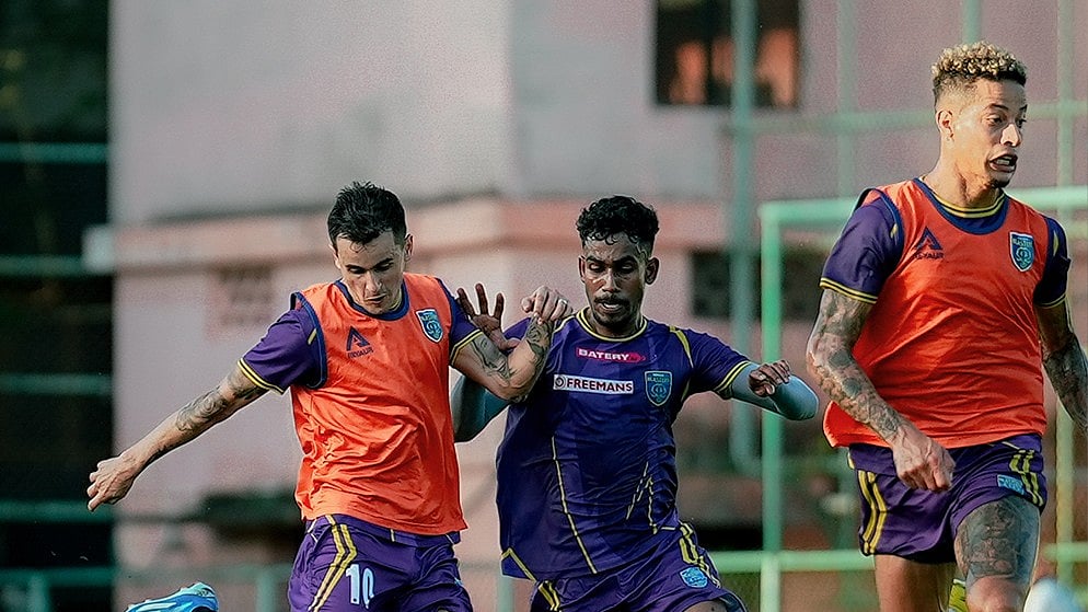 Photo: X | Kerala Blasters FC : Kerala Blasters FC players during a practice session in the ISL 2024-25.