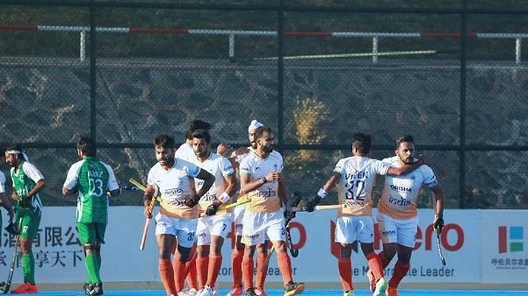 Indian players celebrate a goal during their match against Pakistan on Saturday in the Asian Champions Trophy 2024. - X/asia_hockey